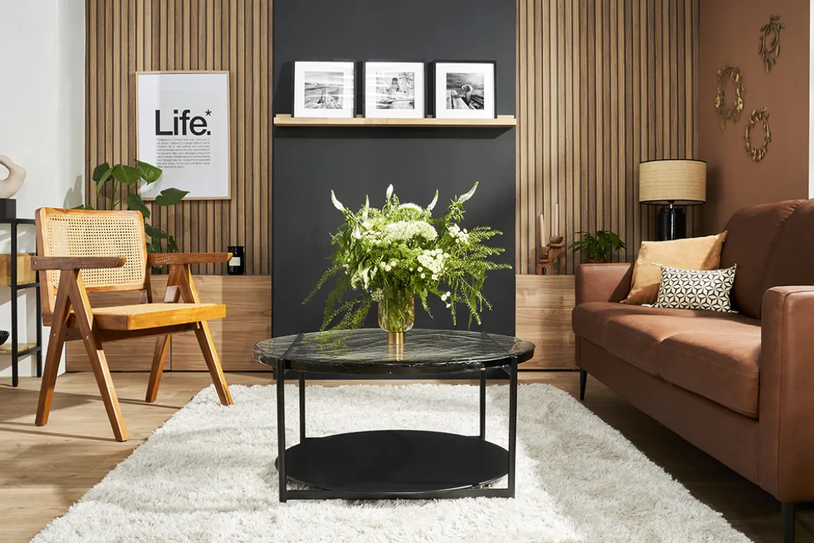 Table basse ronde avec double plateau en verre recyclé et métal noir D85 cm WELLE