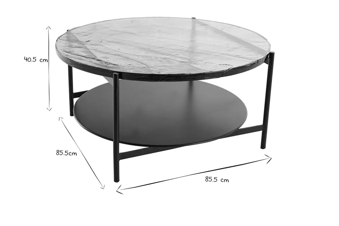 Table basse ronde avec double plateau en verre recyclé et métal noir D85 cm WELLE
