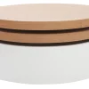 Table basse ronde avec plateaux pivotants et rangement blanc et bois clair chêne D80 cm ICON