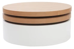 Table basse ronde avec plateaux pivotants et rangement blanc et bois clair chêne D80 cm ICON