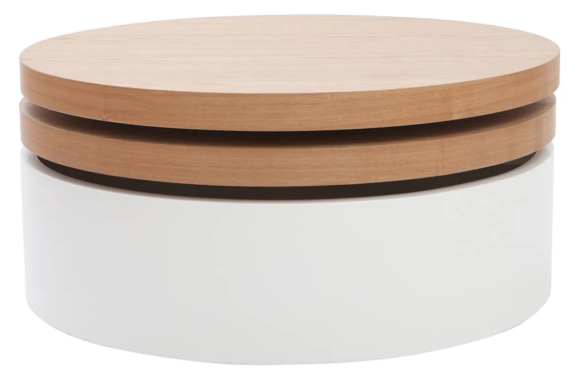 Table basse ronde avec plateaux pivotants et rangement blanc et bois clair chêne D80 cm ICON