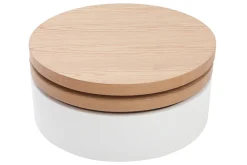 Table basse ronde avec plateaux pivotants et rangement blanc et bois clair chêne D80 cm ICON