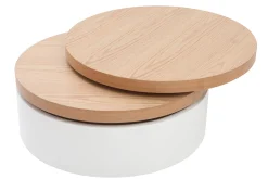 Table basse ronde avec plateaux pivotants et rangement blanc et bois clair chêne D80 cm ICON