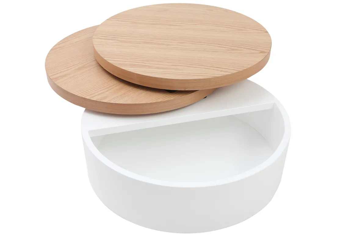 Table basse ronde avec plateaux pivotants et rangement blanc et bois clair chêne D80 cm ICON