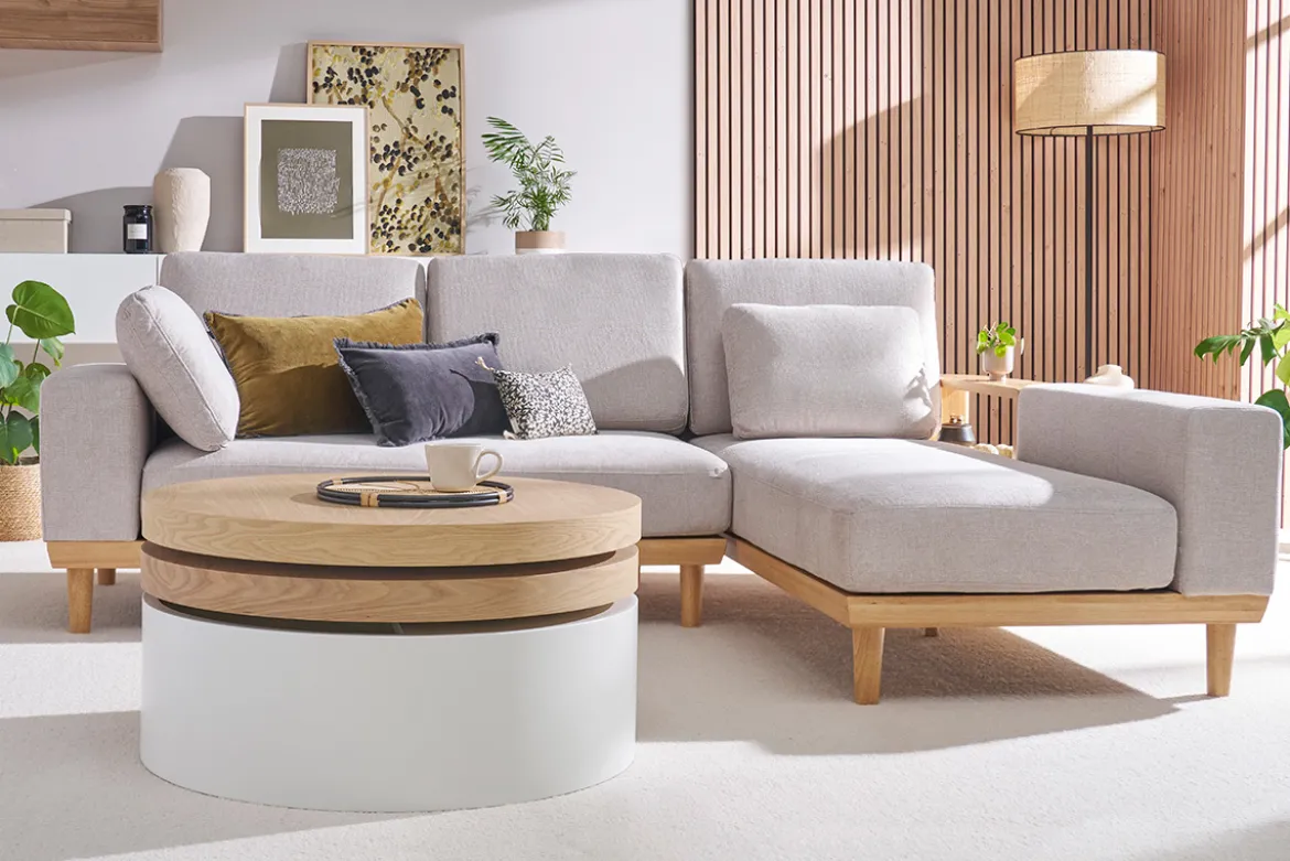 Table basse ronde avec plateaux pivotants et rangement blanc et bois clair chêne D80 cm ICON