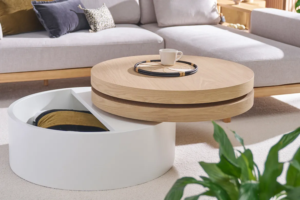 Table basse ronde avec plateaux pivotants et rangement blanc et bois clair chêne D80 cm ICON
