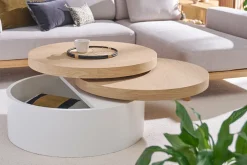 Table basse ronde avec plateaux pivotants et rangement blanc et bois clair chêne D80 cm ICON