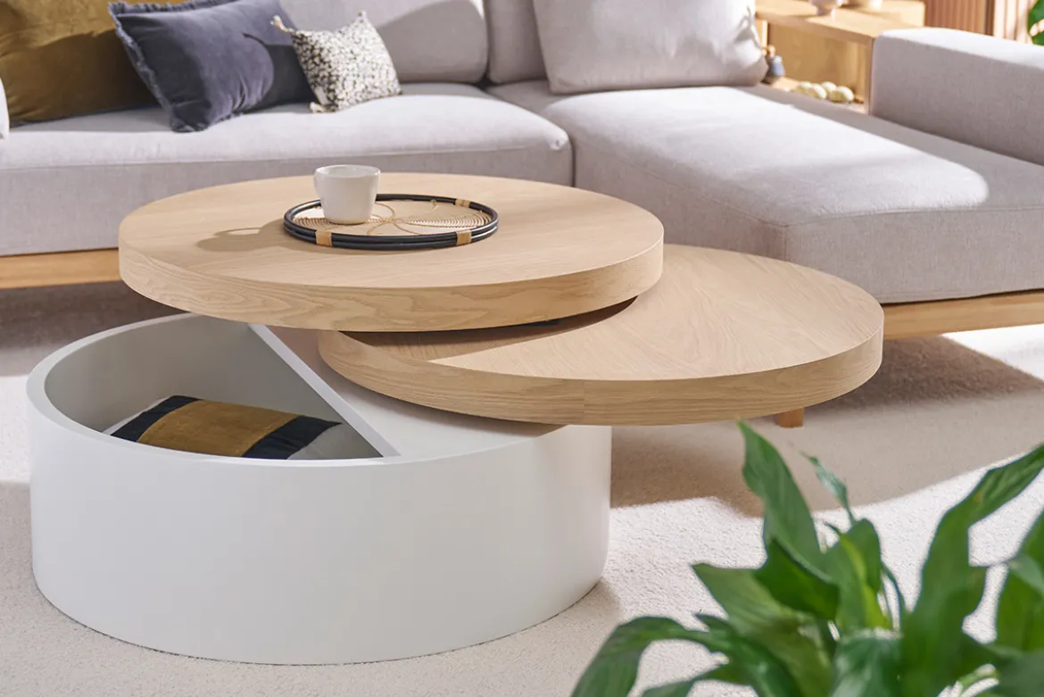 Table basse ronde avec plateaux pivotants et rangement blanc et bois clair chêne D80 cm ICON