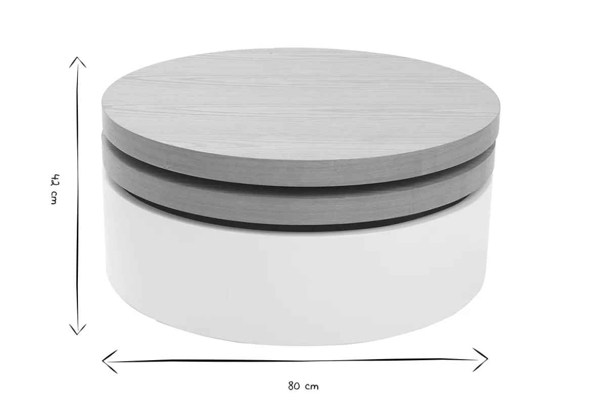 Table basse ronde avec plateaux pivotants et rangement blanc et bois clair chêne D80 cm ICON