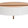 Table basse ronde blanche et bois clair frêne avec plateau pivotant et rangement D80 cm YOLINE