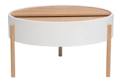 Table basse ronde blanche et bois clair frêne avec plateau pivotant et rangement D80 cm YOLINE