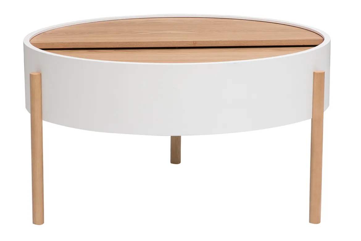 Table basse ronde blanche et bois clair frêne avec plateau pivotant et rangement D80 cm YOLINE