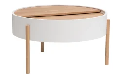 Table basse ronde blanche et bois clair frêne avec plateau pivotant et rangement D80 cm YOLINE