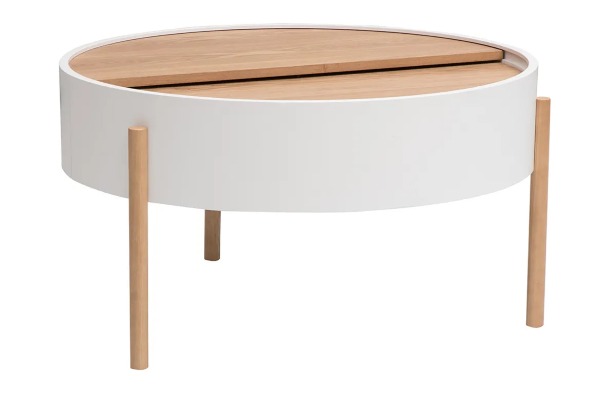 Table basse ronde blanche et bois clair frêne avec plateau pivotant et rangement D80 cm YOLINE