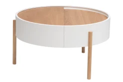 Table basse ronde blanche et bois clair frêne avec plateau pivotant et rangement D80 cm YOLINE