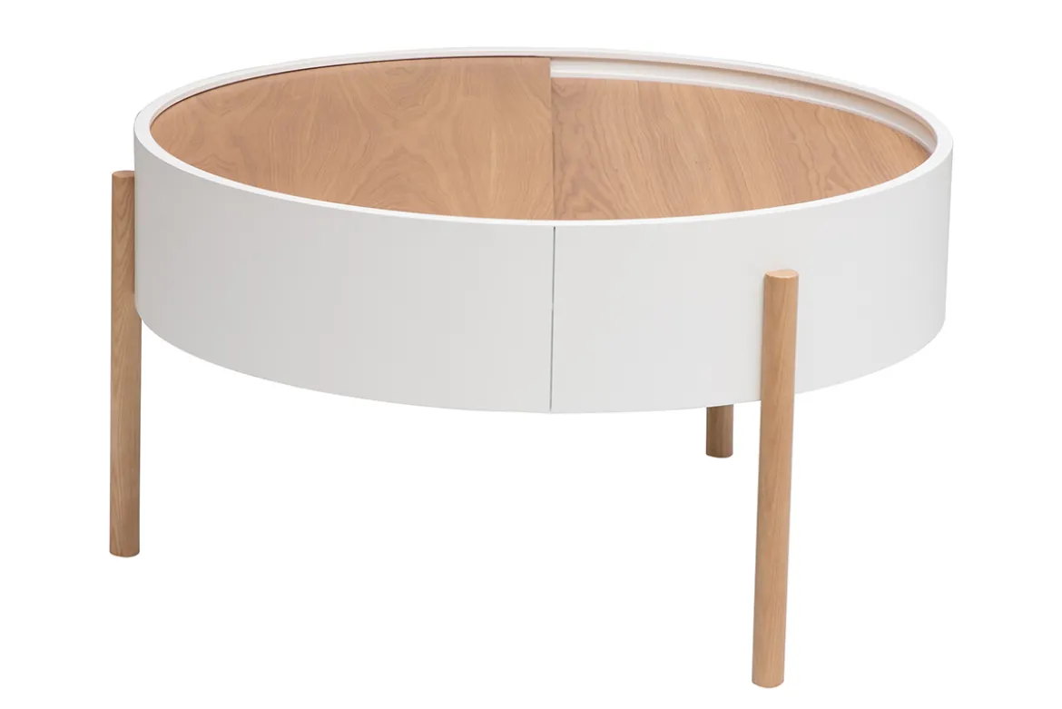 Table basse ronde blanche et bois clair frêne avec plateau pivotant et rangement D80 cm YOLINE