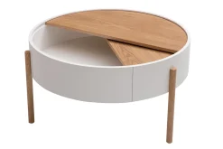 Table basse ronde blanche et bois clair frêne avec plateau pivotant et rangement D80 cm YOLINE