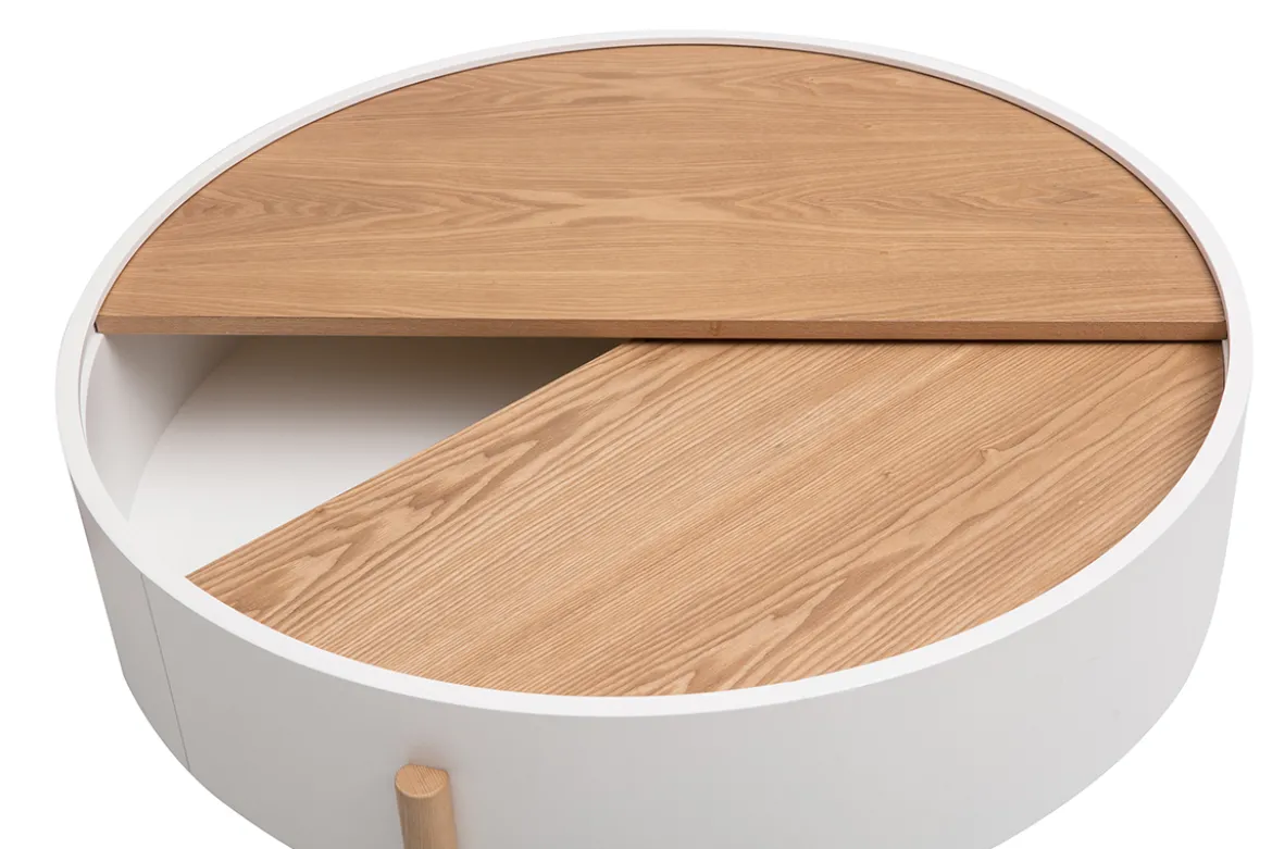 Table basse ronde blanche et bois clair frêne avec plateau pivotant et rangement D80 cm YOLINE