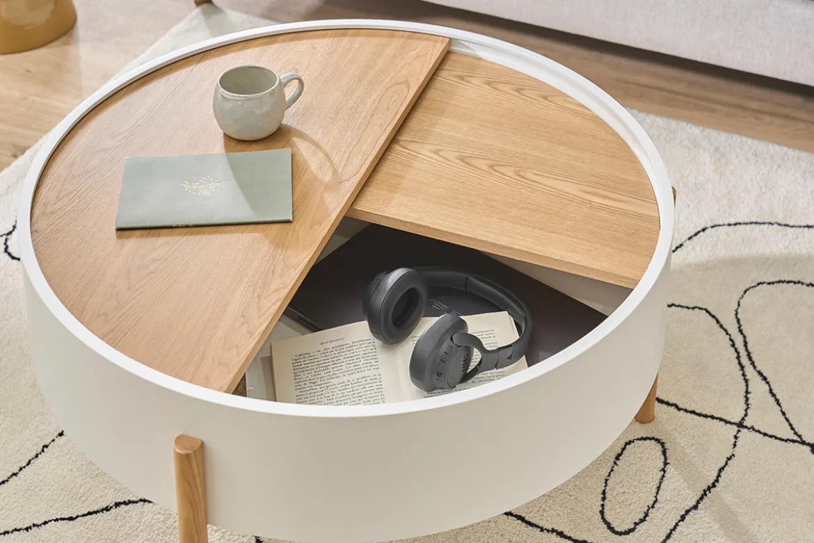 Table basse ronde blanche et bois clair frêne avec plateau pivotant et rangement D80 cm YOLINE
