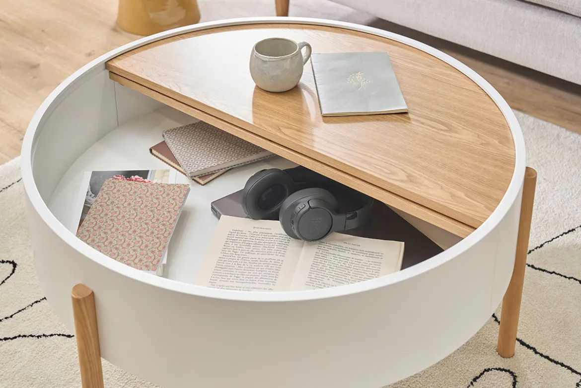 Table basse ronde blanche et bois clair frêne avec plateau pivotant et rangement D80 cm YOLINE