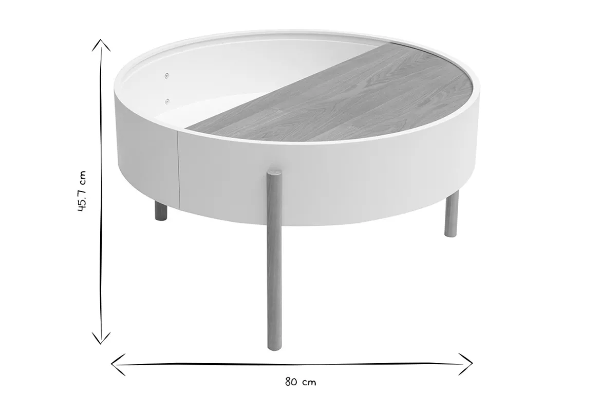 Table basse ronde blanche et bois clair frêne avec plateau pivotant et rangement D80 cm YOLINE