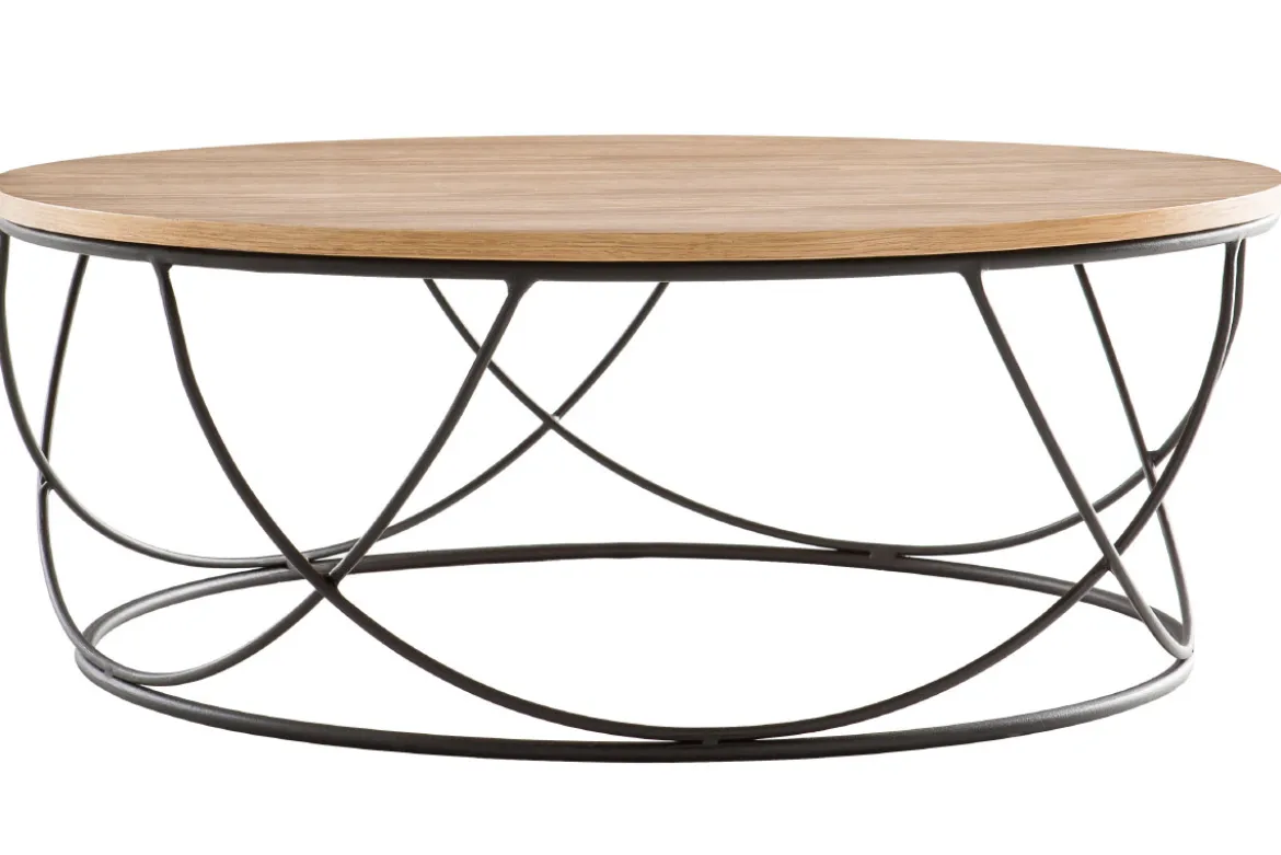 Table basse ronde bois clair chêne et métal noir D80 cm LACE