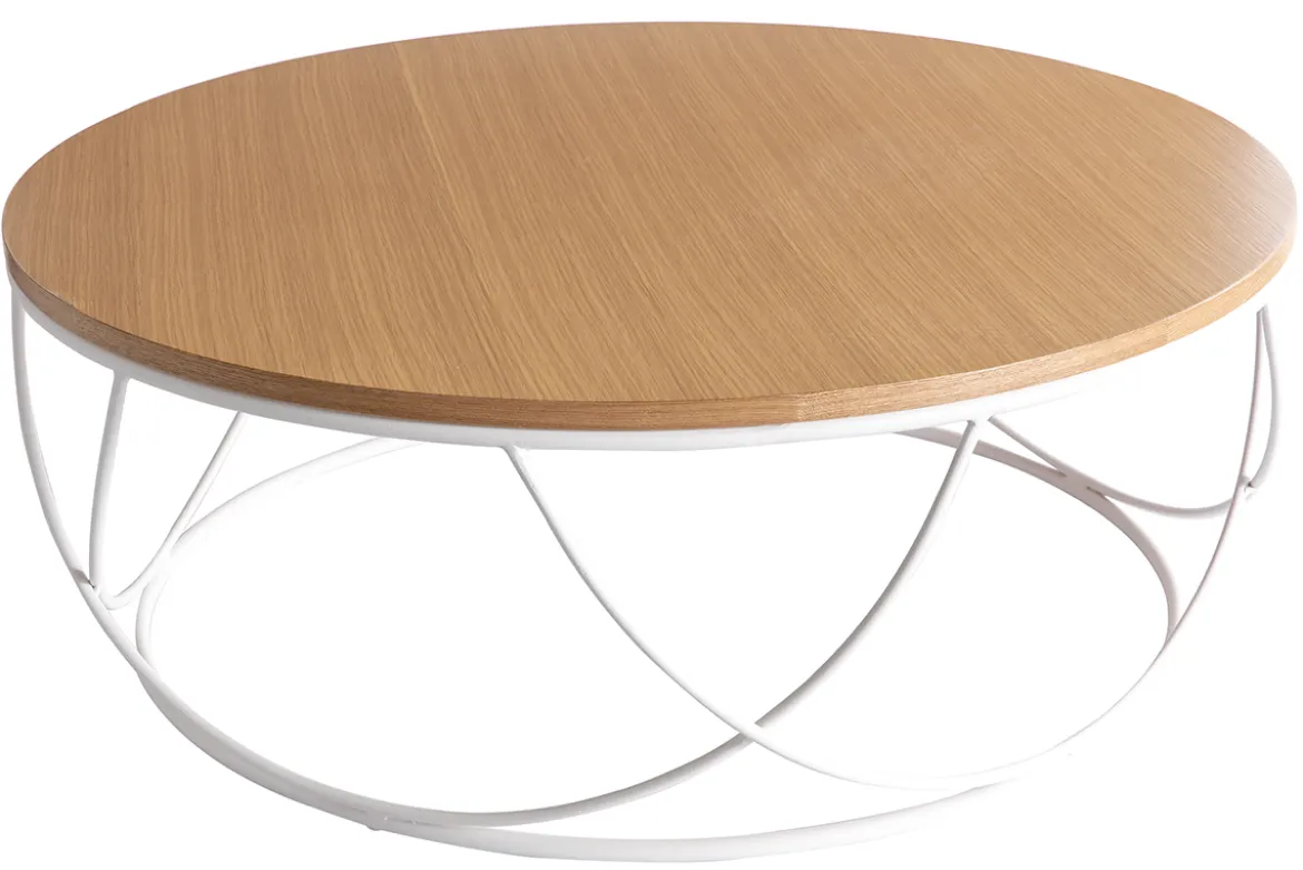 Table basse ronde bois clair chêne et métal blanc D80 cm LACE