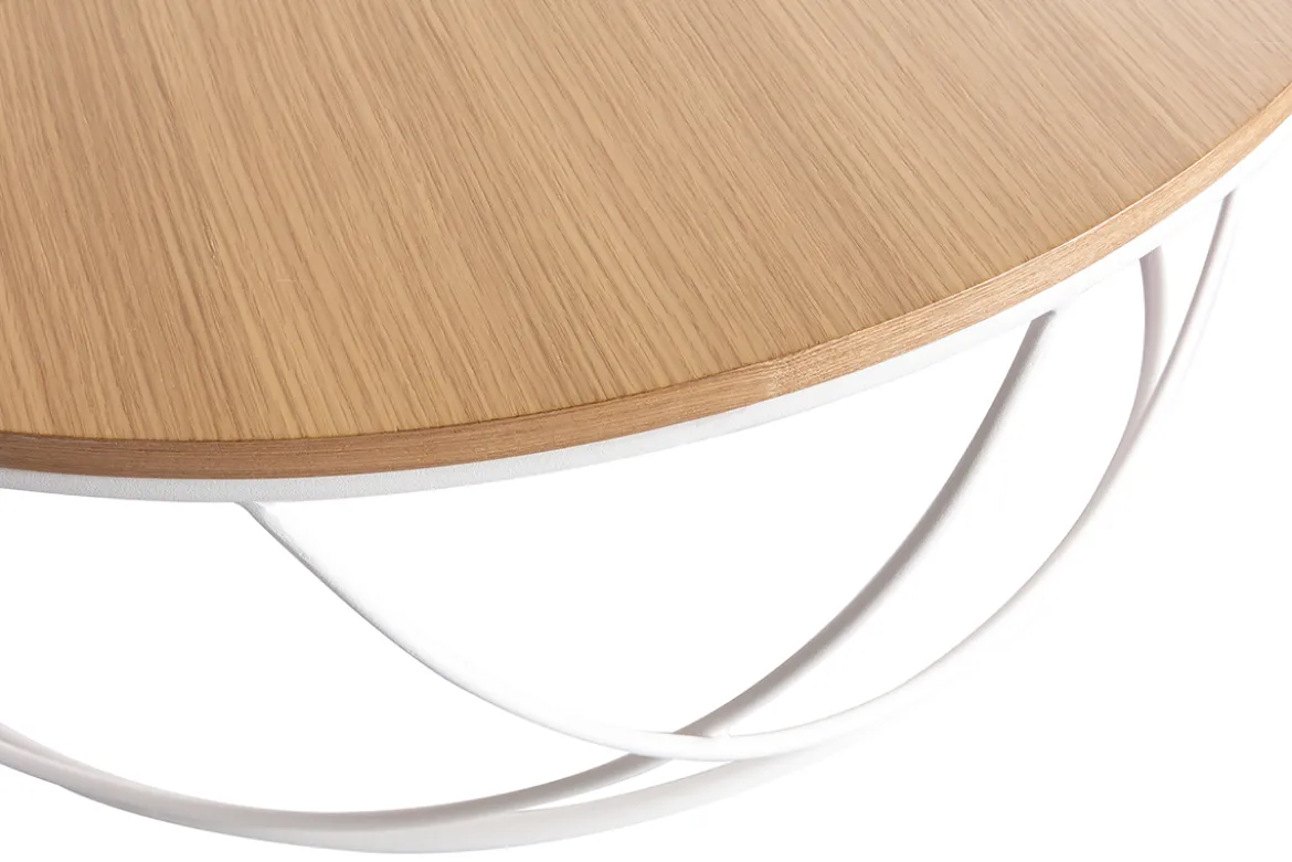 Table basse ronde bois clair chêne et métal blanc D80 cm LACE