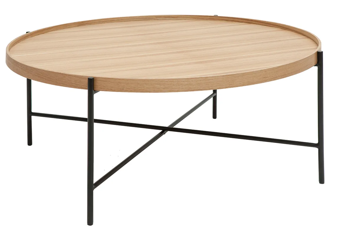 Table basse ronde bois clair et métal noir D90 cm BASSY