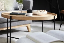Table basse ronde bois clair et métal noir D90 cm BASSY