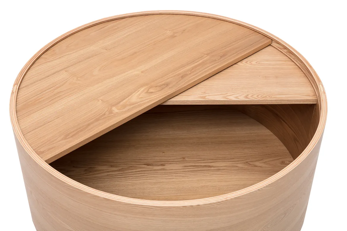 Table basse ronde bois clair frêne avec plateau pivotant et rangement D80 cm DALI