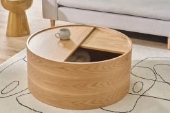 Table basse ronde bois clair frêne avec plateau pivotant et rangement D80 cm DALI
