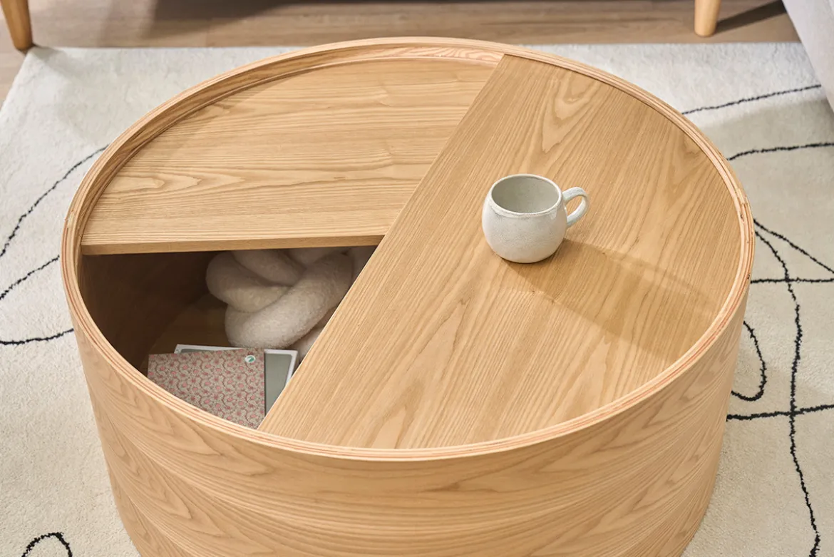 Table basse ronde bois clair frêne avec plateau pivotant et rangement D80 cm DALI