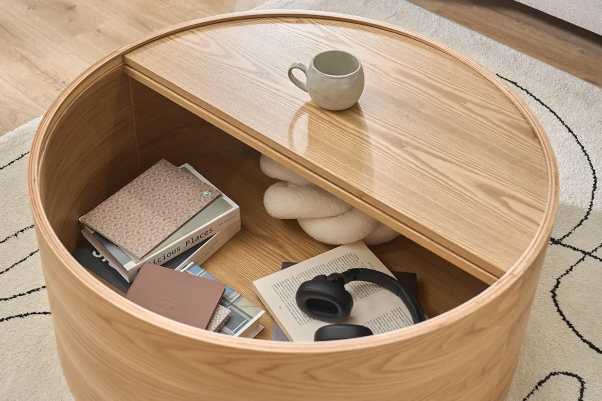 Table basse ronde bois clair frêne avec plateau pivotant et rangement D80 cm DALI