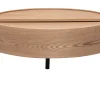Table basse ronde bois clair frêne et métal noir avec plateau pivotant et rangement D80 cm YOLINE