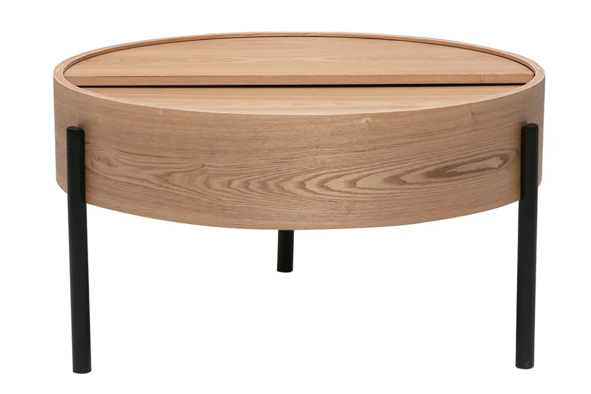 Table basse ronde bois clair frêne et métal noir avec plateau pivotant et rangement D80 cm YOLINE