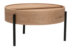 Table basse ronde bois clair frêne et métal noir avec plateau pivotant et rangement D80 cm YOLINE