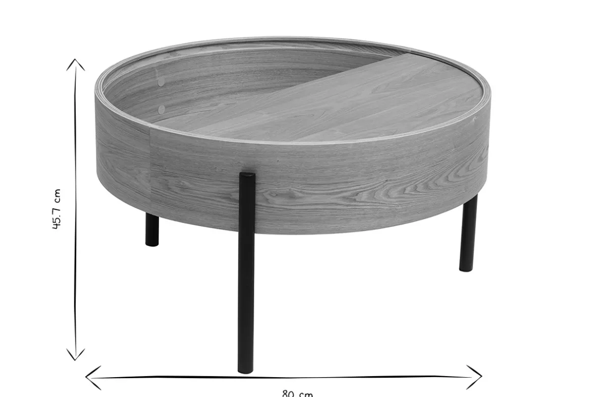 Table basse ronde bois clair frêne et métal noir avec plateau pivotant et rangement D80 cm YOLINE
