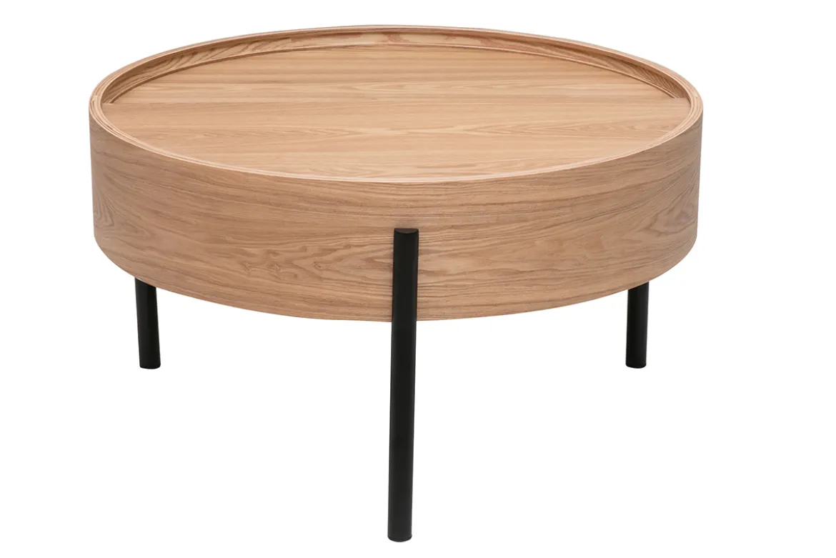 Table basse ronde bois clair frêne et métal noir avec plateau pivotant et rangement D80 cm YOLINE