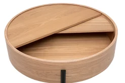 Table basse ronde bois clair frêne et métal noir avec plateau pivotant et rangement D80 cm YOLINE