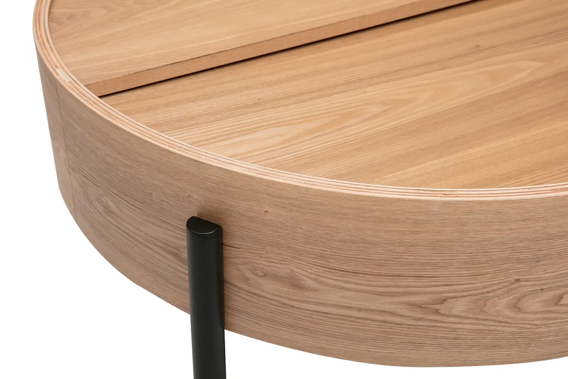 Table basse ronde bois clair frêne et métal noir avec plateau pivotant et rangement D80 cm YOLINE