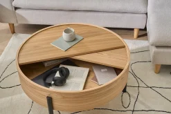 Table basse ronde bois clair frêne et métal noir avec plateau pivotant et rangement D80 cm YOLINE