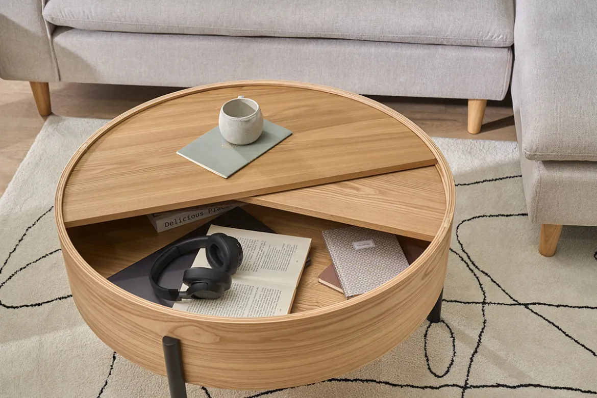 Table basse ronde bois clair frêne et métal noir avec plateau pivotant et rangement D80 cm YOLINE