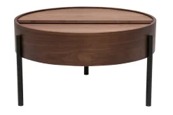 Table basse ronde bois foncé noyer et métal noir avec plateau pivotant et rangement D80 cm YOLINE