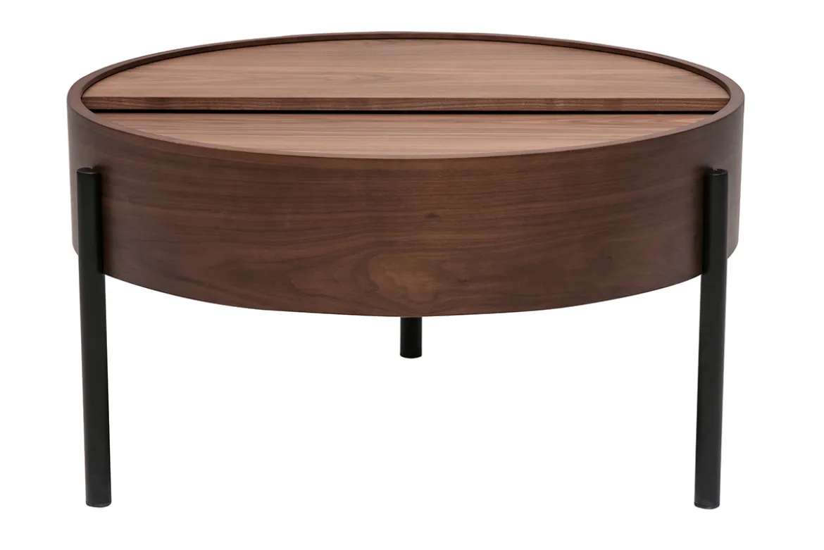 Table basse ronde bois foncé noyer et métal noir avec plateau pivotant et rangement D80 cm YOLINE