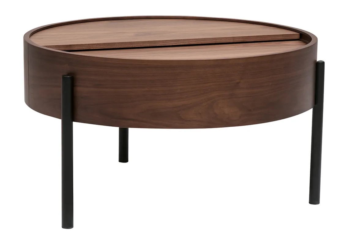 Table basse ronde bois foncé noyer et métal noir avec plateau pivotant et rangement D80 cm YOLINE