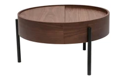 Table basse ronde bois foncé noyer et métal noir avec plateau pivotant et rangement D80 cm YOLINE