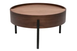 Table basse ronde bois foncé noyer et métal noir avec plateau pivotant et rangement D80 cm YOLINE