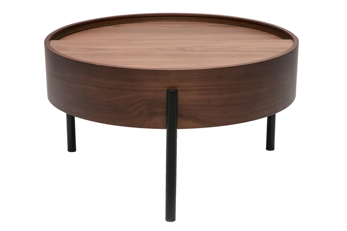 Table basse ronde bois foncé noyer et métal noir avec plateau pivotant et rangement D80 cm YOLINE