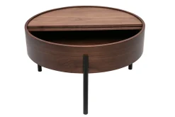 Table basse ronde bois foncé noyer et métal noir avec plateau pivotant et rangement D80 cm YOLINE